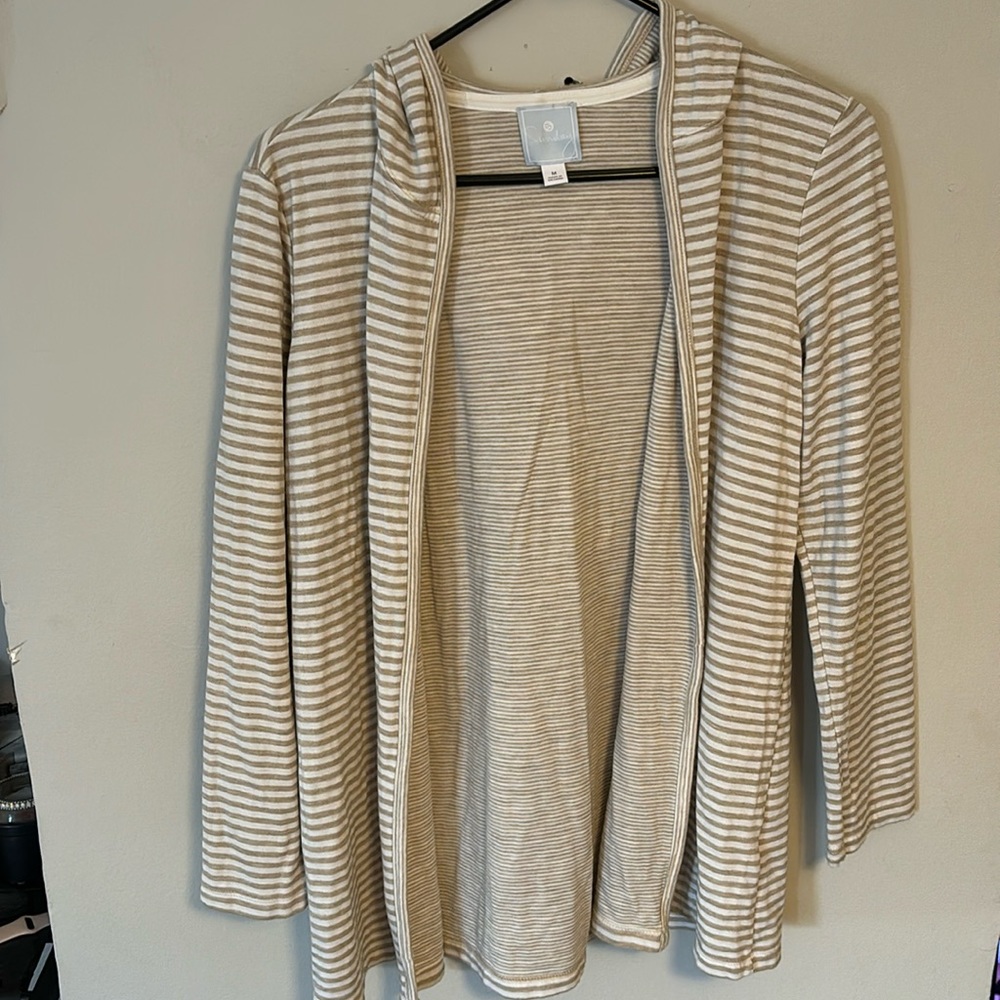 NWOT - Sunday Women's Tan & Creme Striped Duster Hoodie - Sz Medium